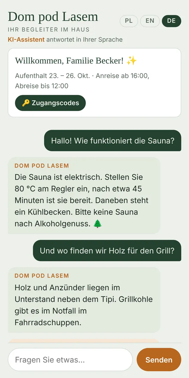 Czat gościa w telefonie: pytania o saunę i drewno, odpowiedź asystenta po niemiecku i wiadomość od gospodarzy