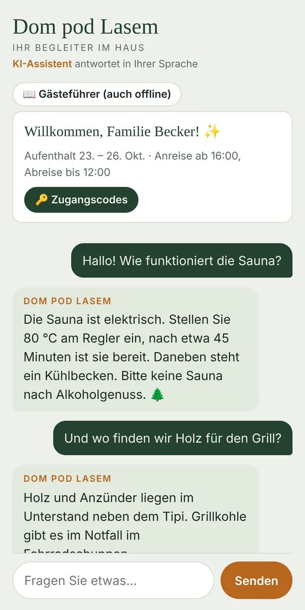 Gäste-Chat auf dem Handy: Fragen zu Sauna und Holz, Antwort des Assistenten und eine Nachricht der Gastgeber
