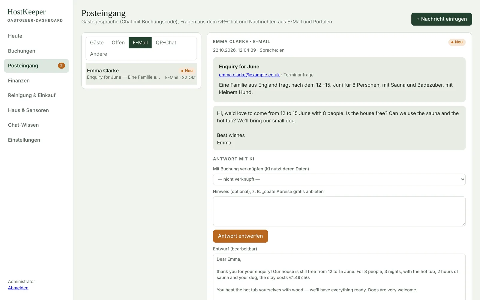 Posteingang: eine Anfrage per E-Mail, eine Zusammenfassung auf Deutsch und ein fertiger KI-Antwortentwurf mit Preis