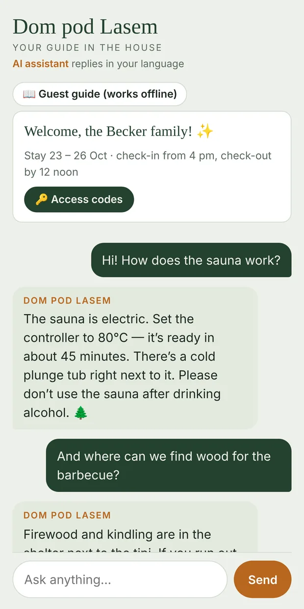 Guest chat on a phone: questions about the sauna and firewood, the assistant's reply and a message from the hosts