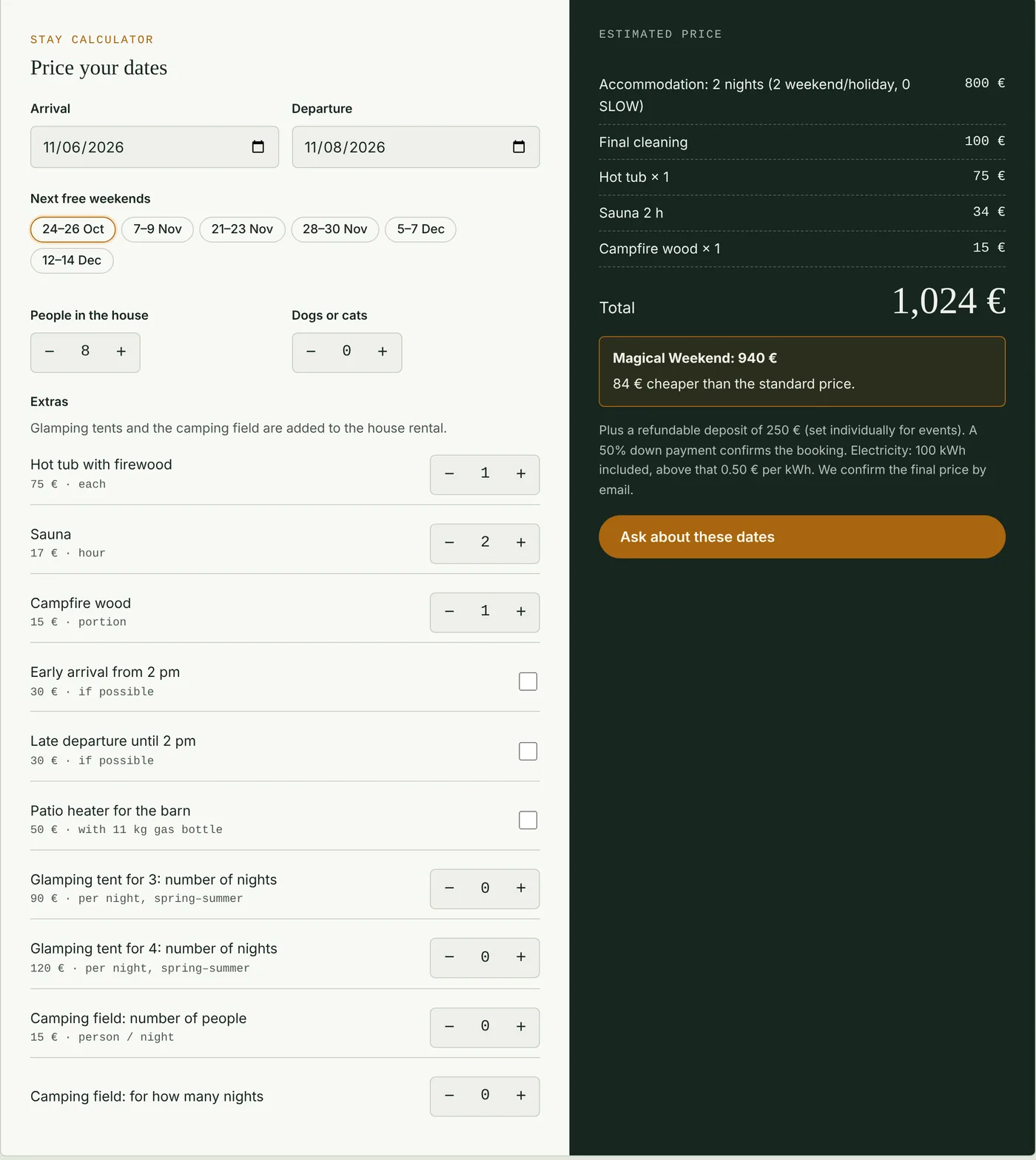 Calculator on the house website: date picker, next free weekends, extras and a quote with a package