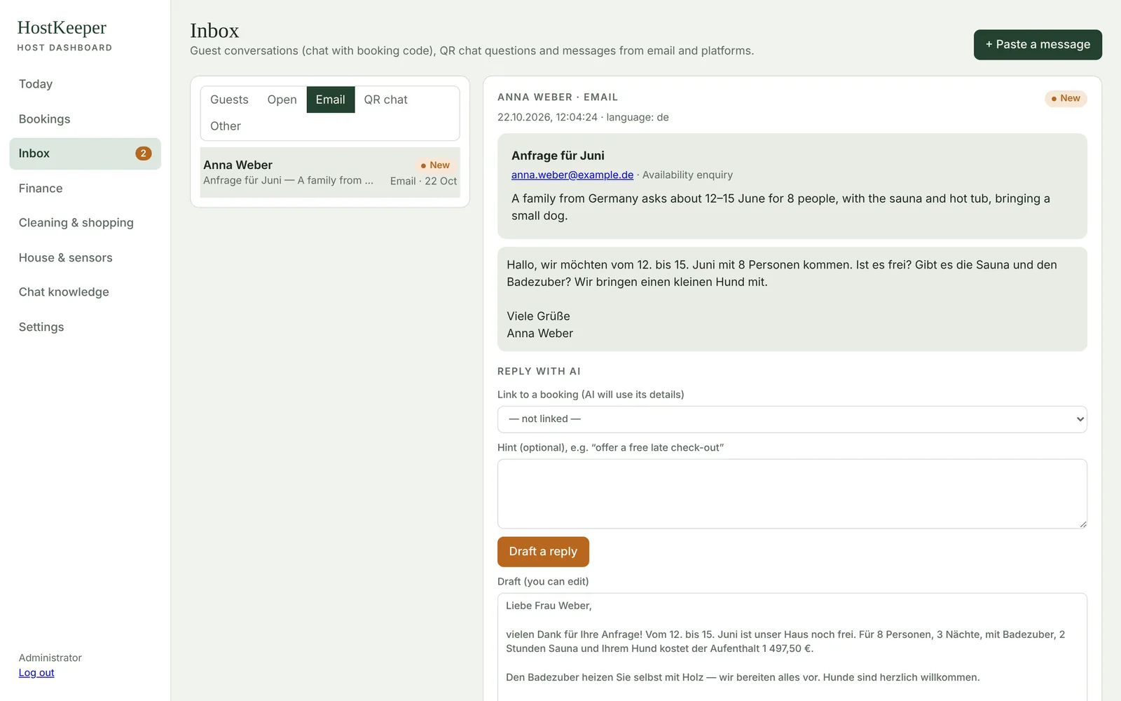 Inbox: an enquiry email, a summary in English and a ready AI draft reply with the price