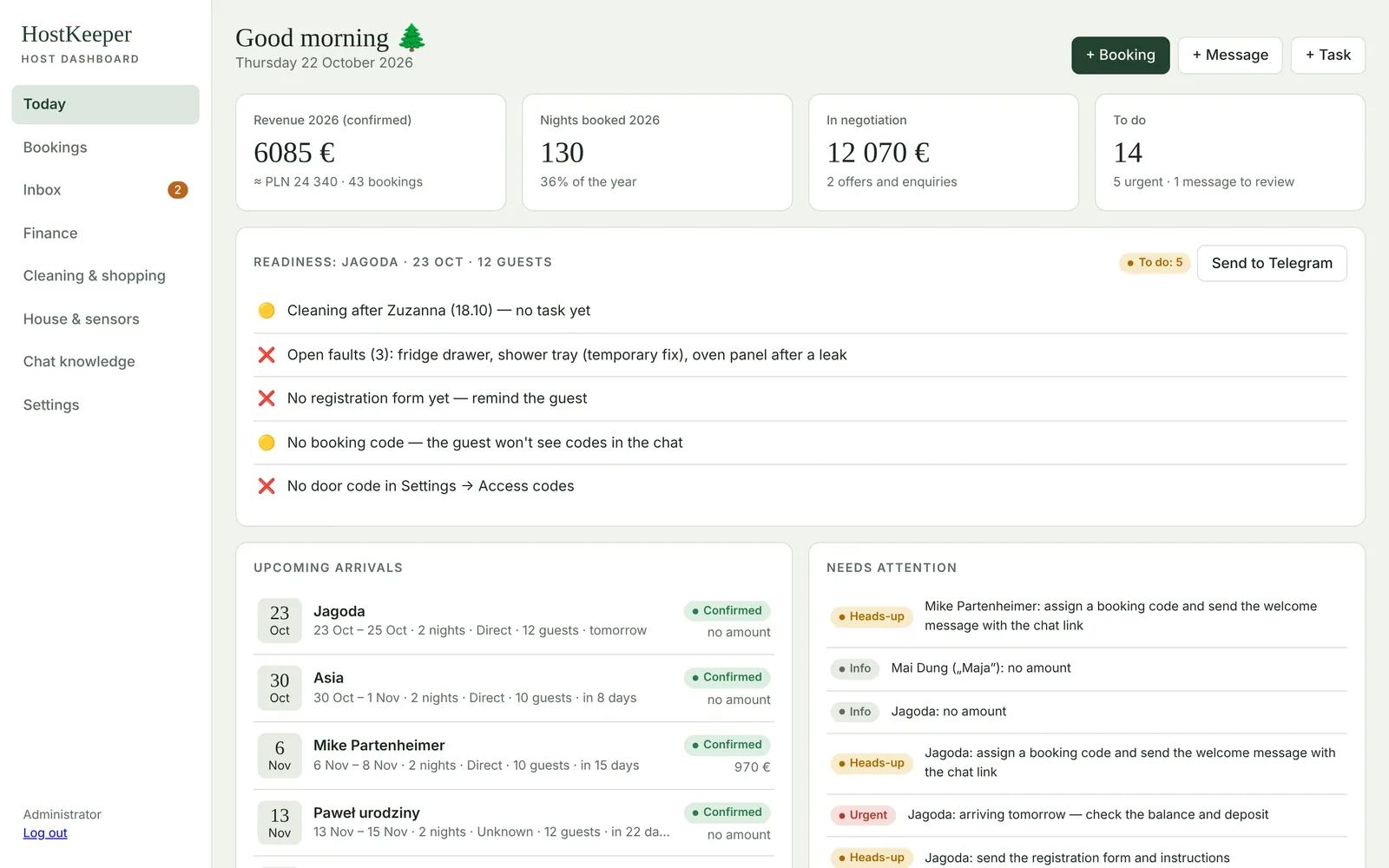 HostKeeper dashboard: revenue, nights, open enquiries and today's messages to send