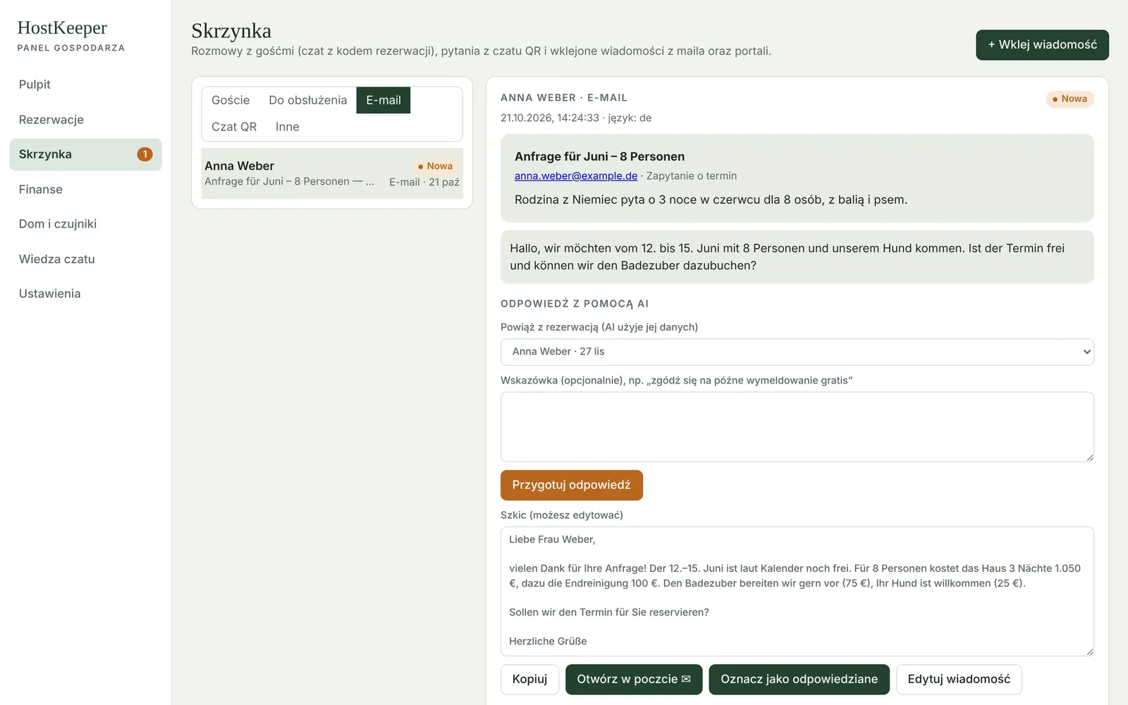 Skrzynka: mail z zapytaniem po niemiecku, streszczenie po polsku i gotowy szkic odpowiedzi AI z ceną